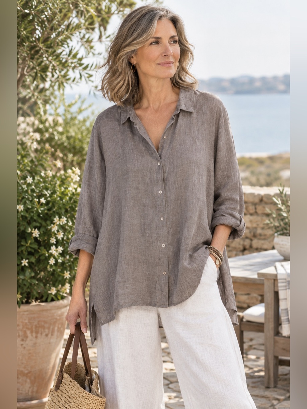 Eileen Fisher Lightweight 100% Organic Linen Button-Down Shirt in Gray
